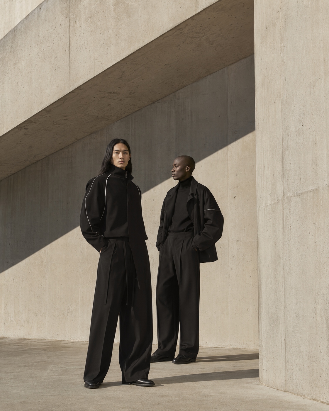 Two models wearing architectural genderless ASHIO looks